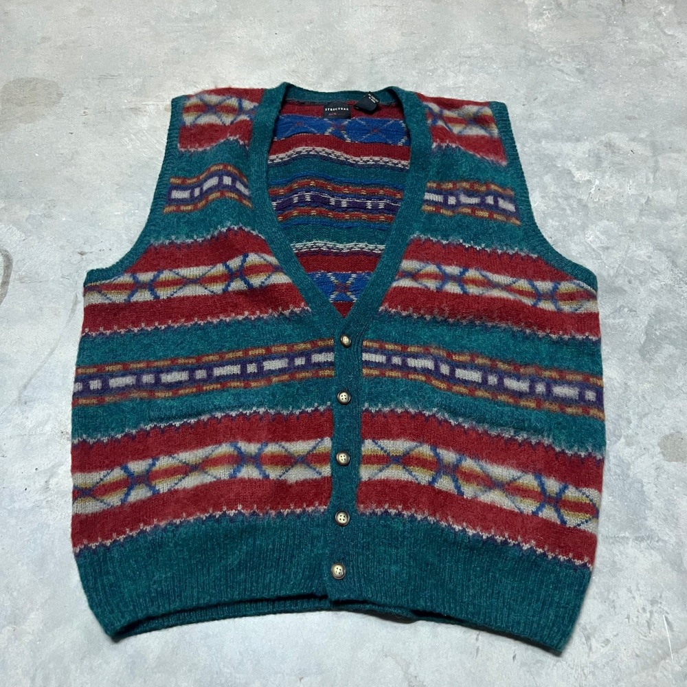 Vintage Structure Mens XL 100% Wool Fair Isle Knit Button Front Cardigan Vest